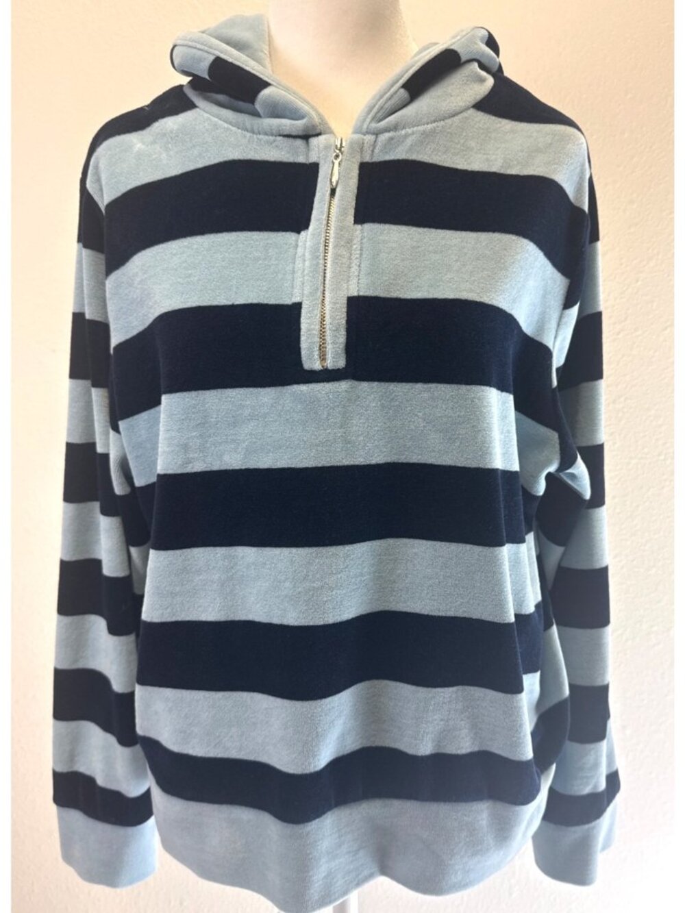 Jason Maxwell Blue Stripe Pull Over Hoodie Velour Sweatshirt Sz Medium Casual